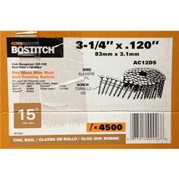 AC12DS, 3-1/4" x .120 SCREW SHANK, COIL NAILS, 4,500/CASE