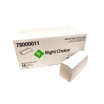 RIGHT CHOICE MULTI FOLD WHITE PAPER TOWELS, 9" X 9.5", 250/BOX